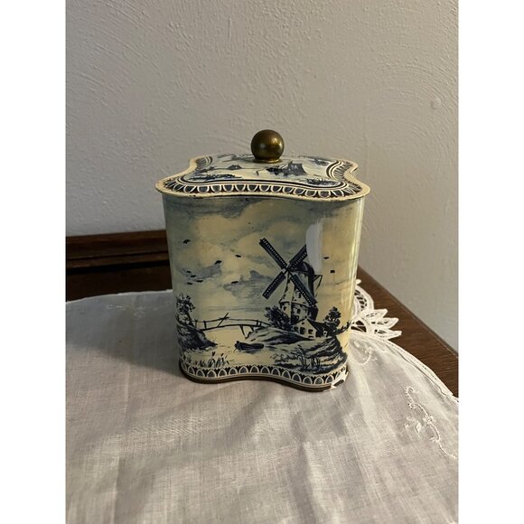 Dutch Scene Windmill Ship Tin with Lid, some paint drips - Picture 1 of 6